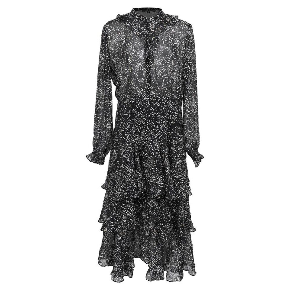 Maje Printed Midi Tiered Dress in Black Silk
